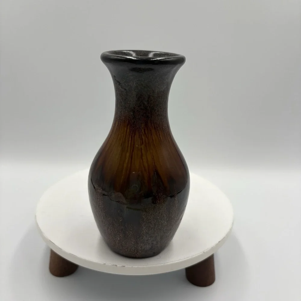 Vintage Small Art Pottery Bud Vase Pretty Drip Glaze Brown Gold Iridescent 5